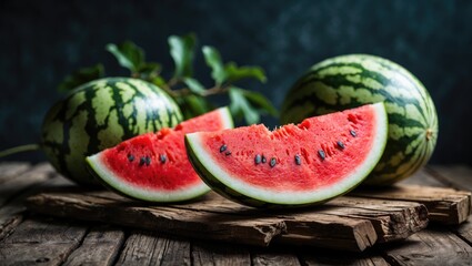 Sticker - Fresh Watermelon Slices on Rustic Wooden Planks with Whole Watermelons in Dark Background Ideal for Food Photography and Design Elements.