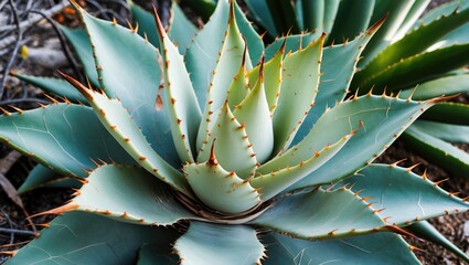 Canvas Print - Agave Plant with Striking Green and White Leaves Surrounded by Desert Landscape Elements