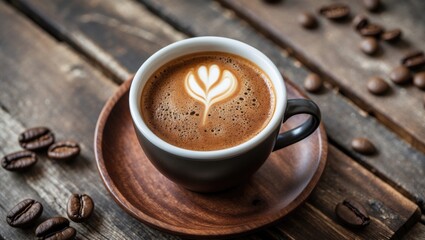 Wall Mural - Aesthetic close-up of a latte art heart in a coffee cup on a wooden plate surrounded by coffee beans on rustic wooden table.