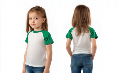 Wall Mural - girl wearing a white and green short-sleeve raglan t-shirt mockup front and back used as a design template