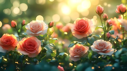 Sticker - A Roses in full bloom, surrounded by fresh green leaves and dreamy bokeh