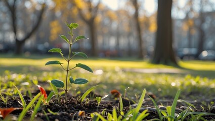 Wall Mural - small green plant growing in a sunlit park with blurred trees and grass in the background on a brigh