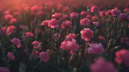 Canvas Print - A vibrant field of pink carnations illuminated by warm sunlight during sunset, creating a serene and picturesque scene