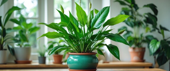 Canvas Print - Lush green Peace Lily houseplant in an elegant pot enhancing indoor decor and atmosphere in a bright, modern living space.