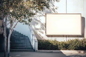 Poster - Blank billboard, urban stairway, sunlight, mockup, advertisement