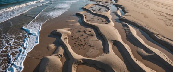 Canvas Print - Aerial perspective of intricate sand and water patterns on a beach highlighting natural textures and the interplay of ocean and shore.