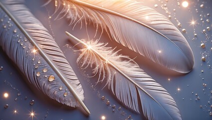 Canvas Print - Delicate feathers adorned with water droplets and sparkles creating a serene and ethereal background atmosphere.