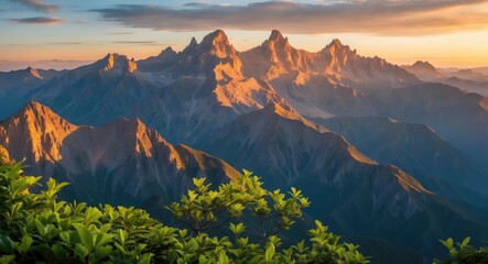 Wall Mural - majestic mountain range at golden hour with warm light illuminating peaks and lush green foliage in 