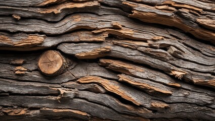 Canvas Print - Abstract textured close-up of aged wood bark showcasing natural lines and patterns in a rustic earthy tone.