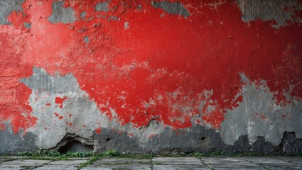 Wall Mural - Textured red concrete wall with peeling paint showcasing a weathered and aged appearance, ideal for backgrounds and artistic projects.