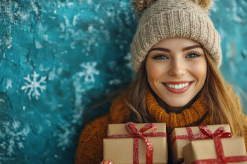 Woman joyfully holds two presents, smiling brightly. Festive atmosphere, possibly celebration or gift-giving occasion.