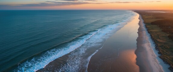 Wall Mural - aerial perspective of serene beach at sunset with gentle waves and coastal landscape ideal for text 