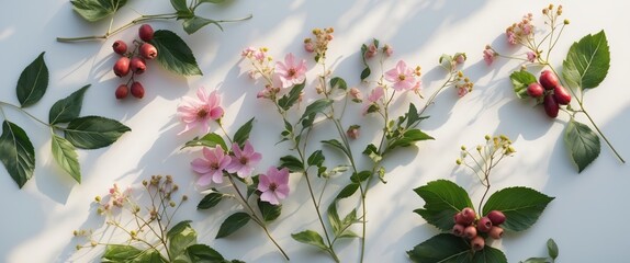 Wall Mural - Serene arrangement of delicate pink wildflowers, lush green leaves, and ripe berries illuminated by soft sunlight on a white surface.