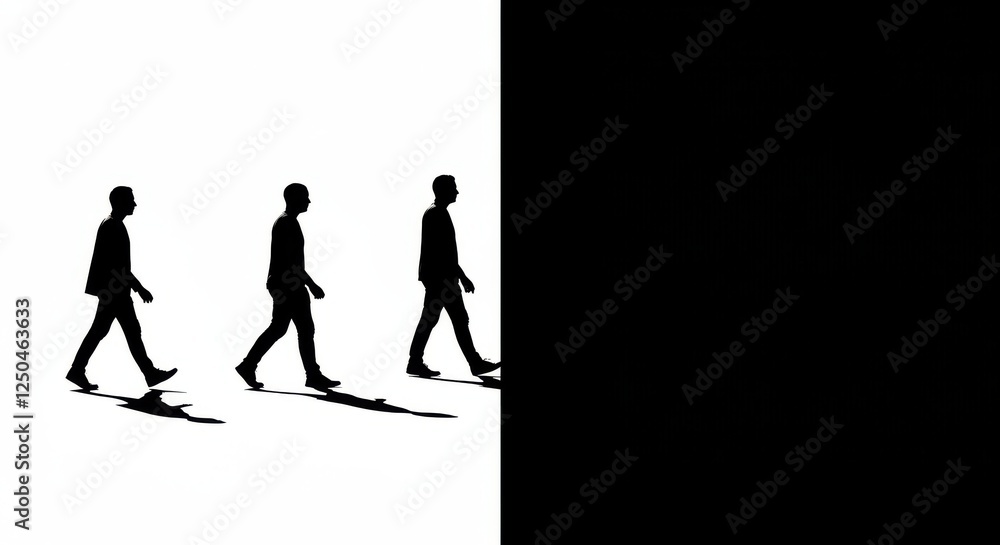 silhouette, black and white, three figures walking, minimalist design ...
