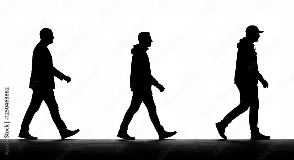 silhouette, black and white, three figures walking, minimalist design ...