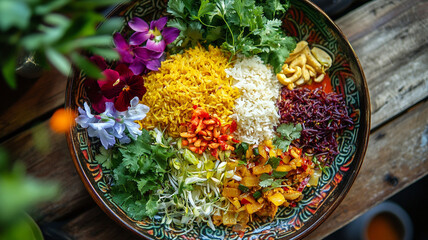 vibrant plate of Thai herbal rice Khao Yam, featuring colorful ingredients and garnishes, evokes sense of freshness and flavor