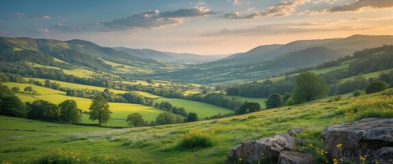 Wall Mural - Breathtaking panoramic view of lush green hills under a serene sky showcasing the beauty of nature and landscapes in golden hour light.