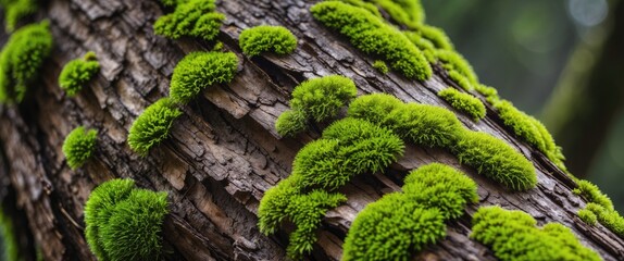 Canvas Print - Macro shot of tree bark adorned with vibrant green moss highlighting nature's intricate textures and the beauty of its smallest elements.