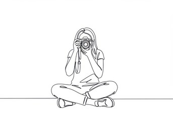 Line art, minimalist drawing, woman sitting cross-legged, holding camera, photographer, single continuous line