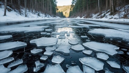 Wall Mural - Cracked ice fragments scattered on a frozen forest road reflecting trees and light along a serene winter landscape