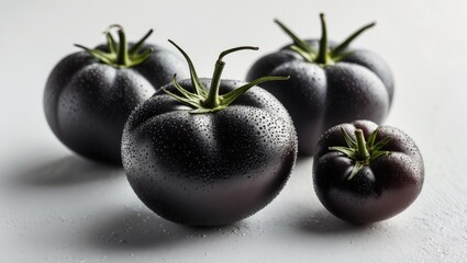 Wall Mural - Closeup of four black krim tomatoes with textured skin and dew droplets on a white background showcasing their unique appearance and freshness