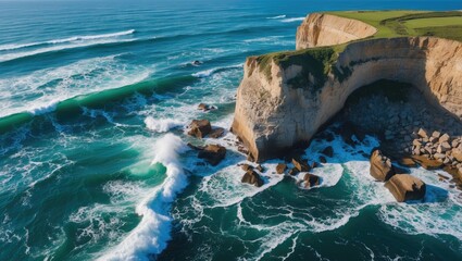 Wall Mural - aerial view of seashore cliff with waves crashing on rocks in summer landscape featuring blue ocean 