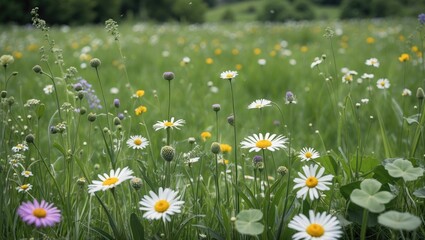 Wall Mural - Vibrant Summer Meadow with Daisies and Wildflowers in Full Bloom under a Clear Sky Capturing the Beauty of Nature's Flourishing Landscape