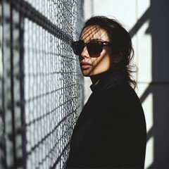 Wall Mural - sunlight on a woman’s face coming from behind a fence as she walks. On a white background. She wears all black and sunglasses