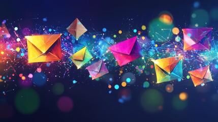 Colorful emails flying, network connection, digital communication, abstract background