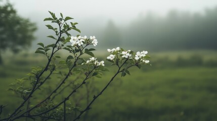 Wall Mural - Delicate white flowers blooming on a misty morning in a serene green landscape