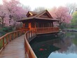 © Wiwi - Wooden Japanese tea house, cherry blossoms, pond, serene morning
