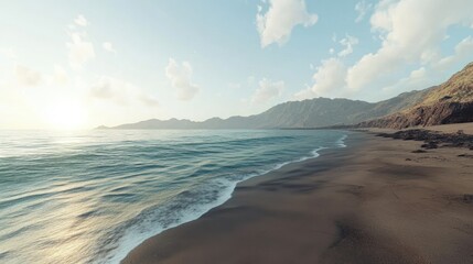 Wall Mural - Serene Tropical Beach at Sunset with Mountains in the Distance