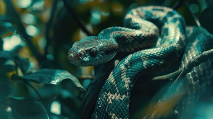 Canvas Print - A close-up of a vibrant green snake resting among lush foliage, showcasing its scales, with blurred leaves in the background