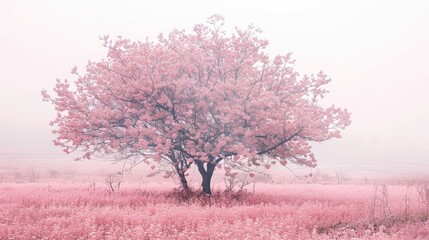 Canvas Print - A serene pink flowering tree stands alone in a misty field, surrounded by soft pink grass, creating a tranquil atmosphere