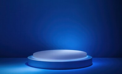 Poster - Illuminated round podium on blue background.