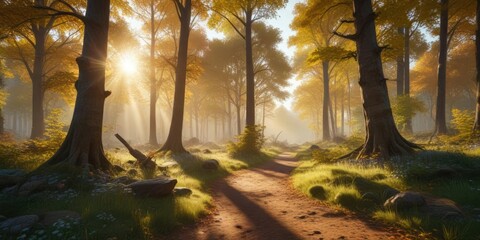  Eine Ansammlung von B?umen in einem sonnigen Park mit dicken Rinden und umrahmten Bl?ttern, Umrahmen, Natur