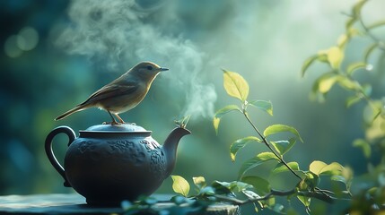 Canvas Print - Small bird perched on a steaming teapot in a lush garden.