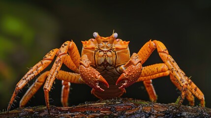 Wall Mural - Close-up of a vibrant orange crab perched on a log in a lush, green environment, showcasing its intricate features and habitat