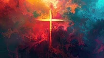 Wall Mural - Abstract representation of a glowing cross amidst a vibrant, swirling background of colors, evoking spirituality and emotion