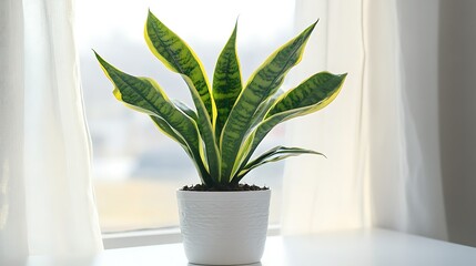 Canvas Print - Snake plant in white pot on windowsill, sunlight.