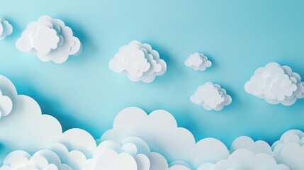 Wall Mural - A serene blue sky with fluffy white clouds crafted from paper, creating a whimsical and dreamy atmosphere, ideal for backgrounds