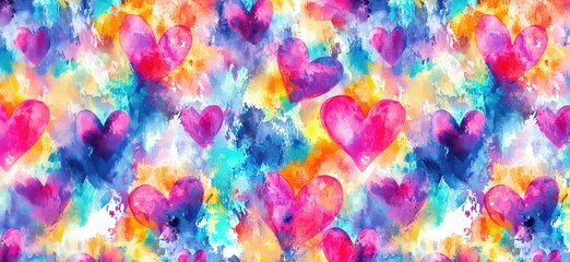 colorful watercolor hearts pattern for romantic designs and decorations, copy space for text