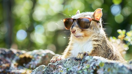 Canvas Print - A stylish squirrel wearing sunglasses poses confidently on a rock in a sunlit forest, enjoying a leisurely day outdoors