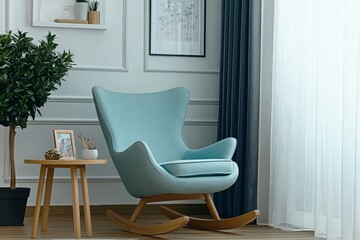 Wall Mural - Cute pastel blue children's armchair with rocking chair, photo frames, olive tree, and home decor, natural light from windows