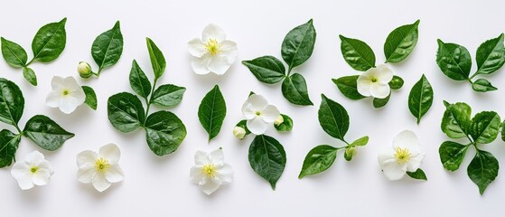 Poster - Minimalistic Arrangement of White Jasmine Flowers and Green Leaves on a Clean White Background