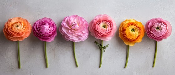 Poster - Minimalistic Arrangement of Colorful Ranunculus Flowers on White Background with Soft Tones and Natural Textures