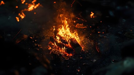 Aufkleber - An intense raging fiery blaze with bright flickering flames and glowing smoldering embers burning furiously in the darkness  The powerful fiery combustion creates a dramatic chaotic scene of heat