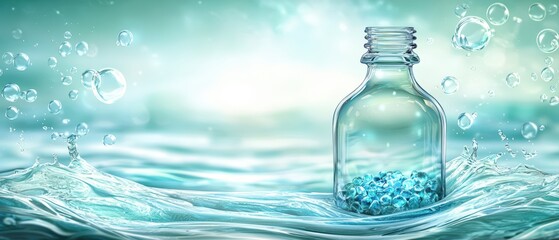 Wall Mural - turquoise glass bottle illustration with water and bubbles in a 3d environment for creative backgrou