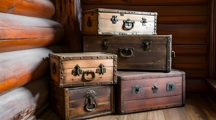 Stacked vintage trunks bringing rustic charm to log cabin corner