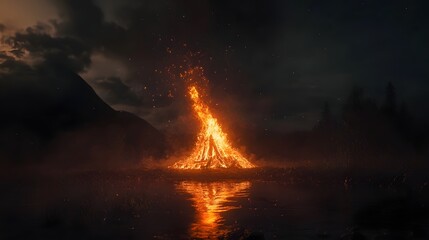 Aufkleber - Dramatic and Captivating Scene of a Fiery Volcanic Eruption Lighting Up the Night Sky with Intense Flames Glowing Lava